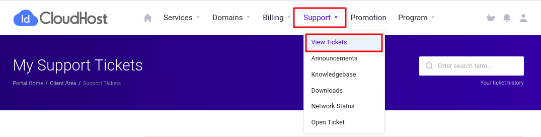 Menu List Ticket idcloudhost 2020