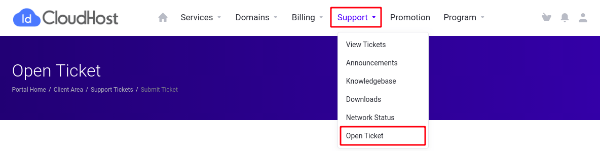 Menu open ticket idcloudhost 2020