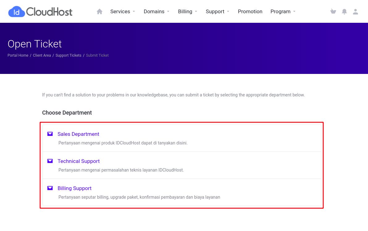 Ticket department idcloudhost 2020