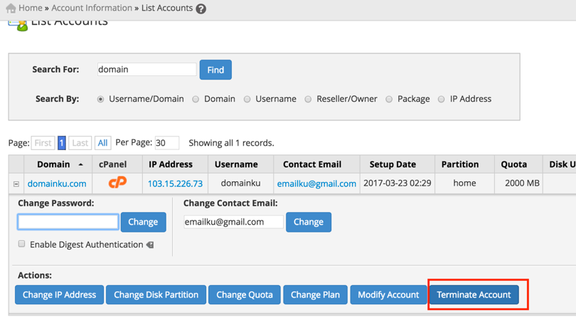Tutorial Cara Menghapus cPanel Account di WHM
