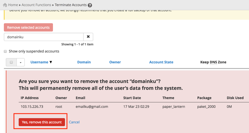 Tutorial Cara Menghapus cPanel Account di WHM