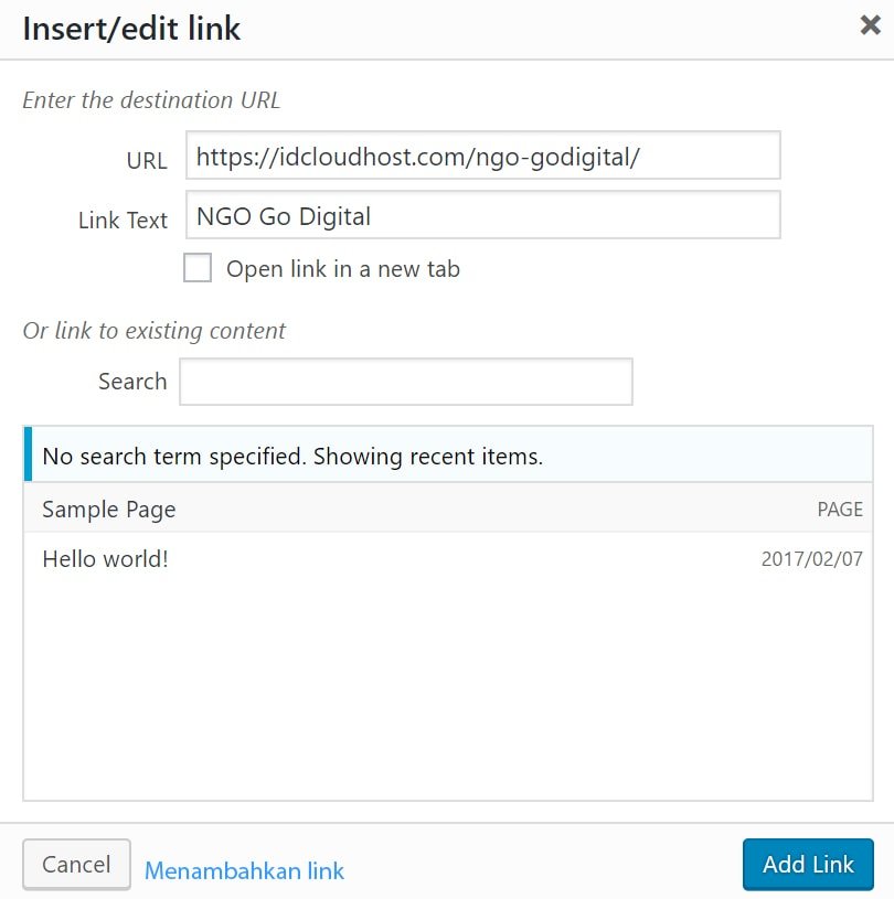 menambahkan link pada wordpress
