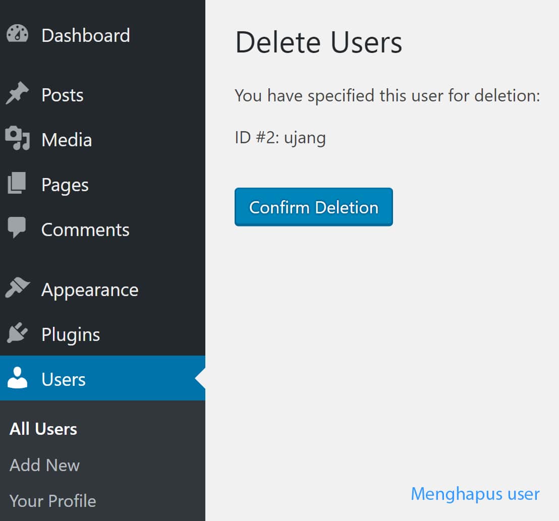 cara menghapus user pada wordpress