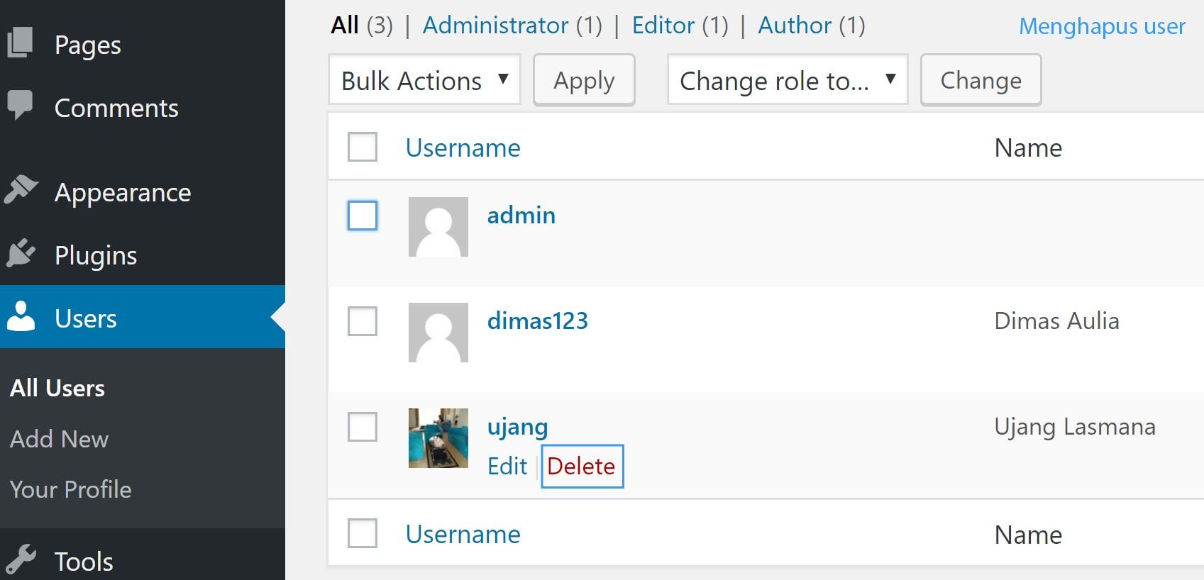 cara menghapus user pada wordpress