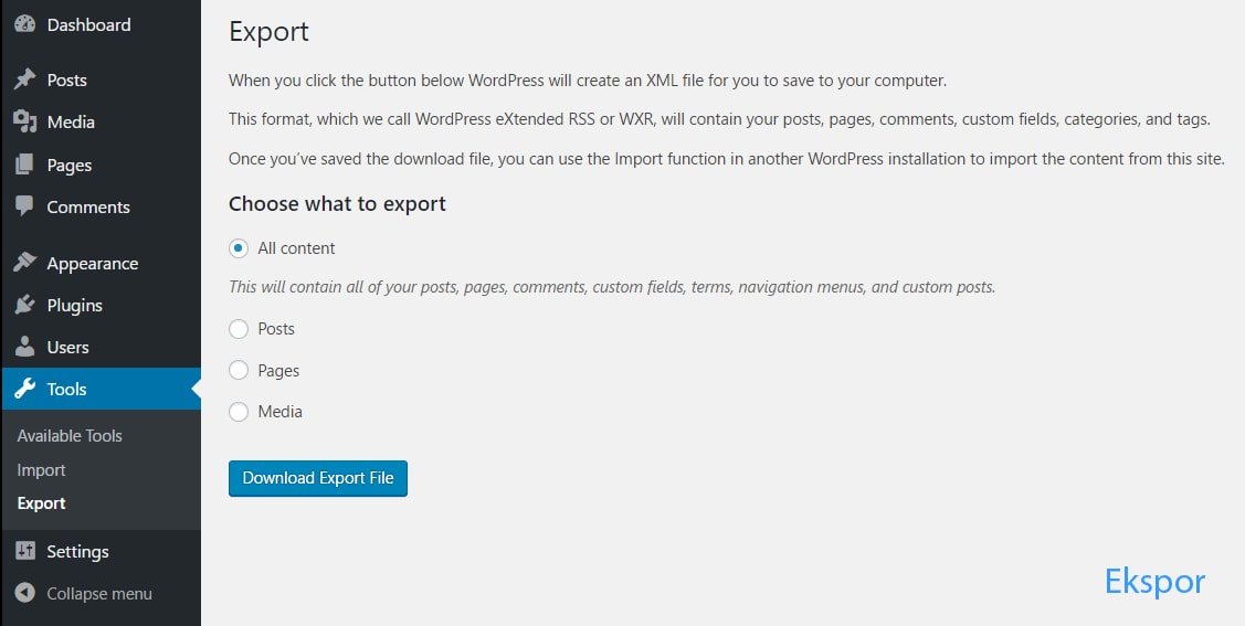 cara ekspor pada wordpress