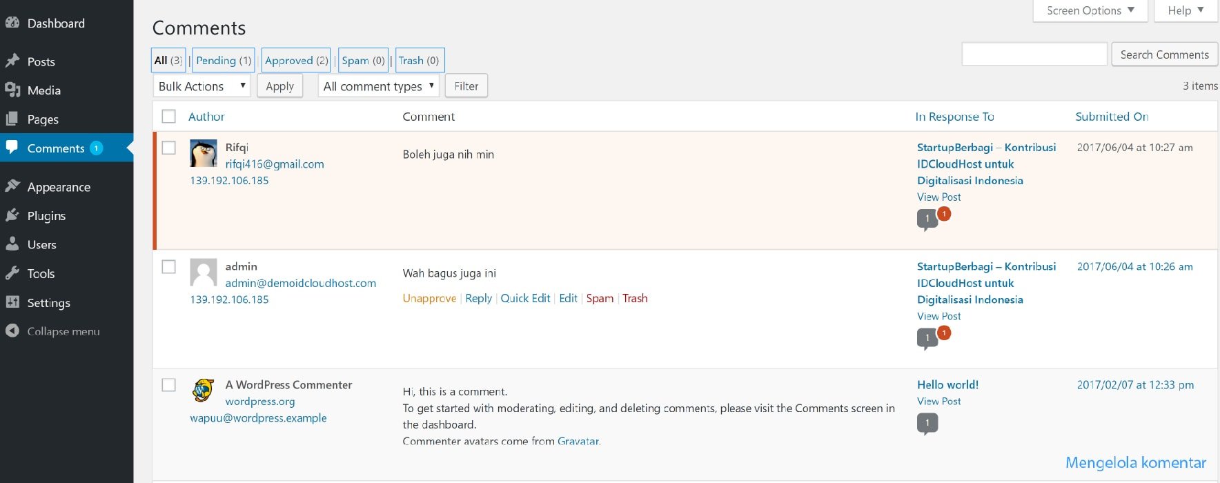 mengelola komentar pada wordpress
