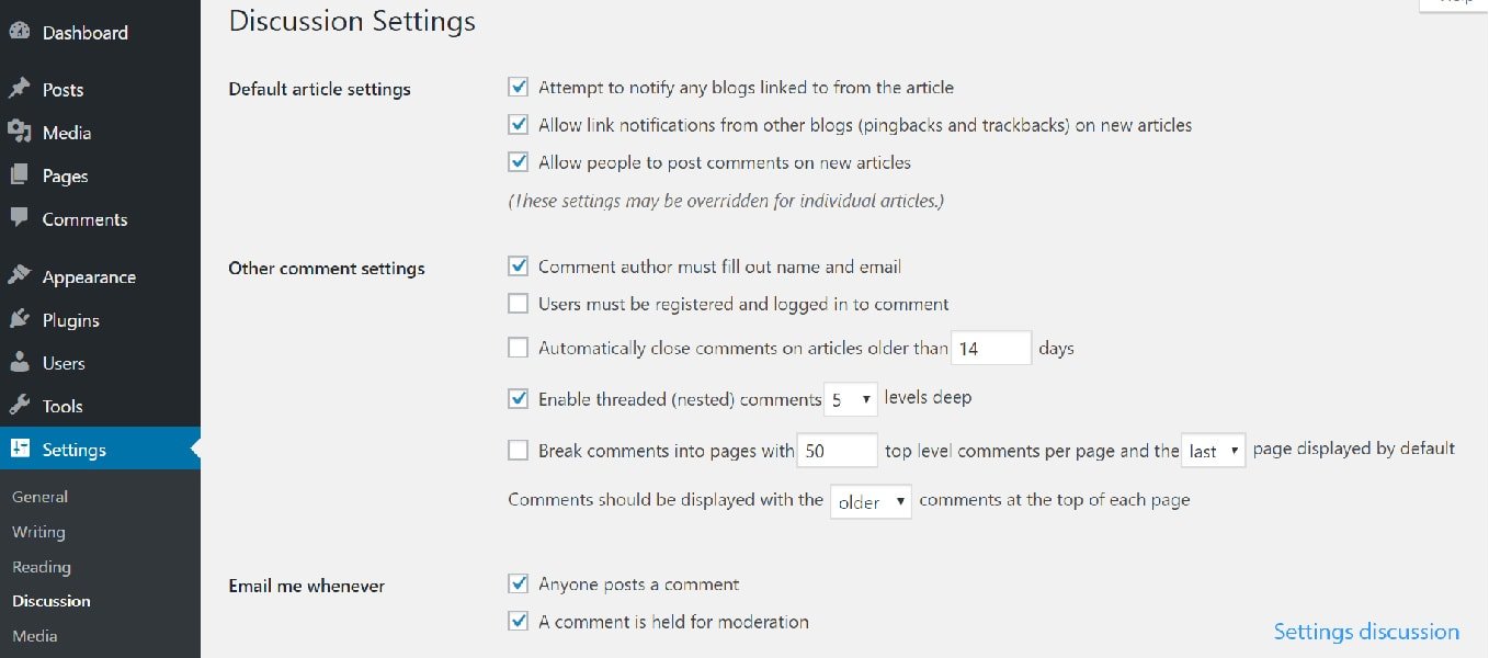 setting discussion wordpress