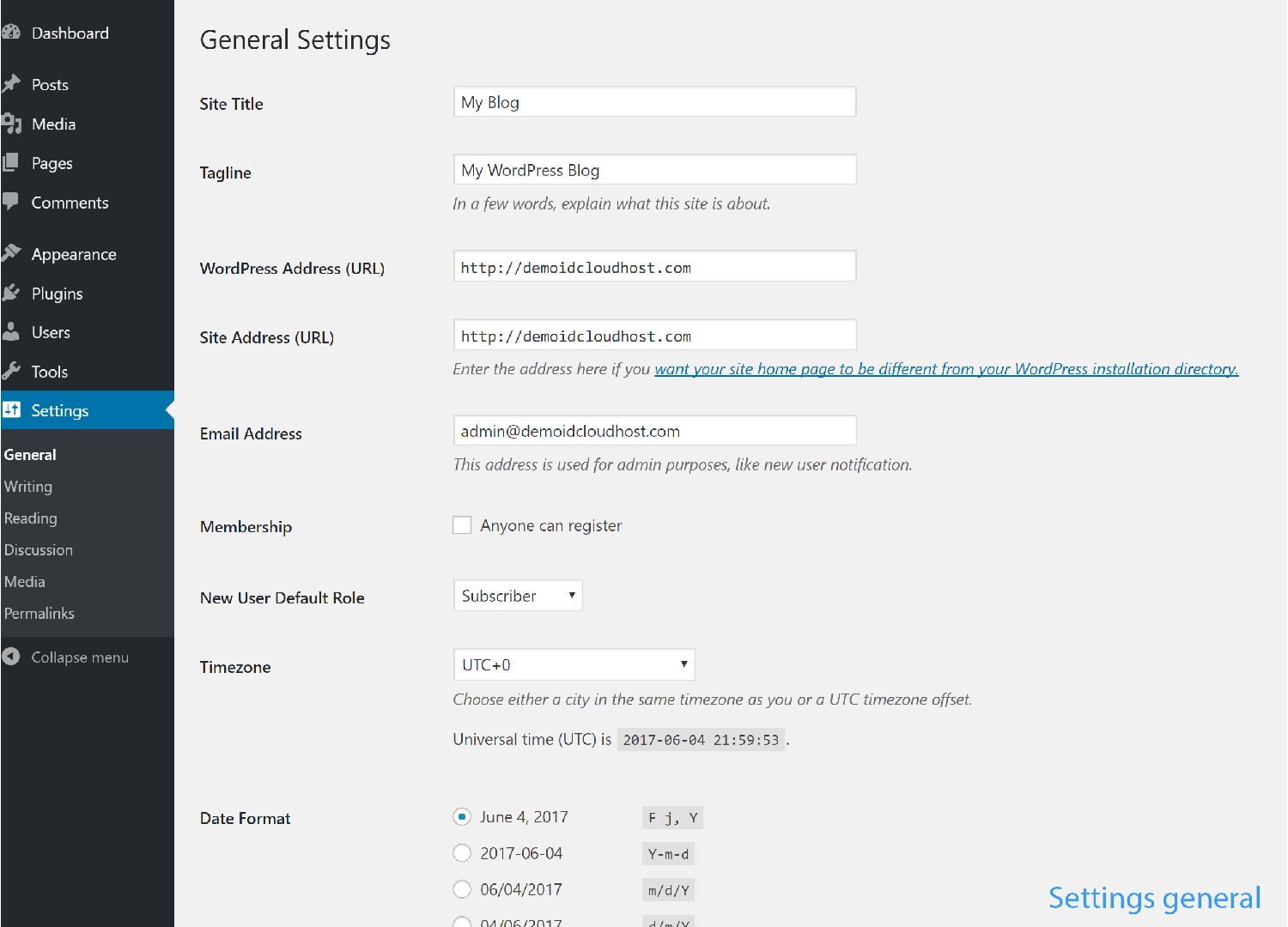 setting general wordpress