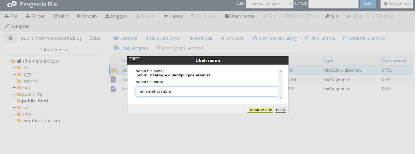 Menonaktifkan (Disable) Plugin WordPress melalui cPanel Menonaktifkan (Disable) Plugin WordPress melalui cPanel