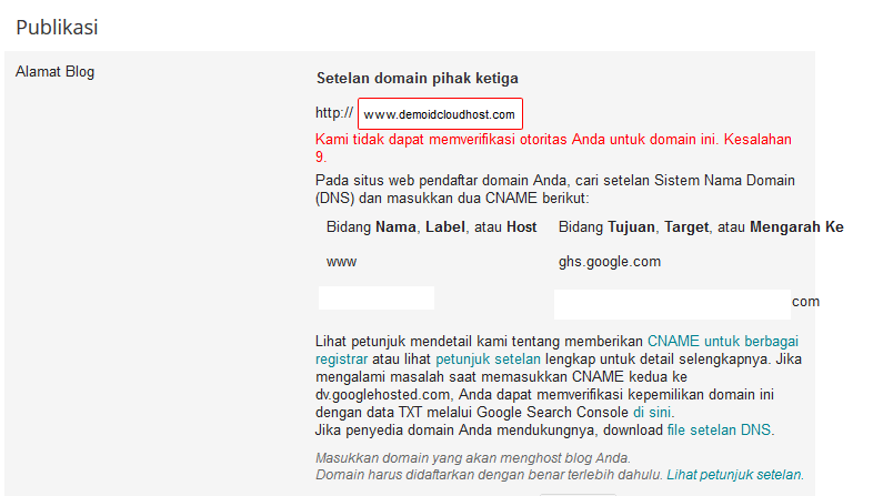 Kesalahan atau Error Ketika Membuat Costum Domain pada Blogger