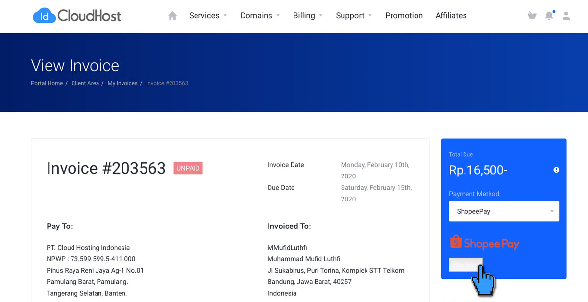 Pembayaran Layanan IDCloudHost via ShopeePay - Shopee