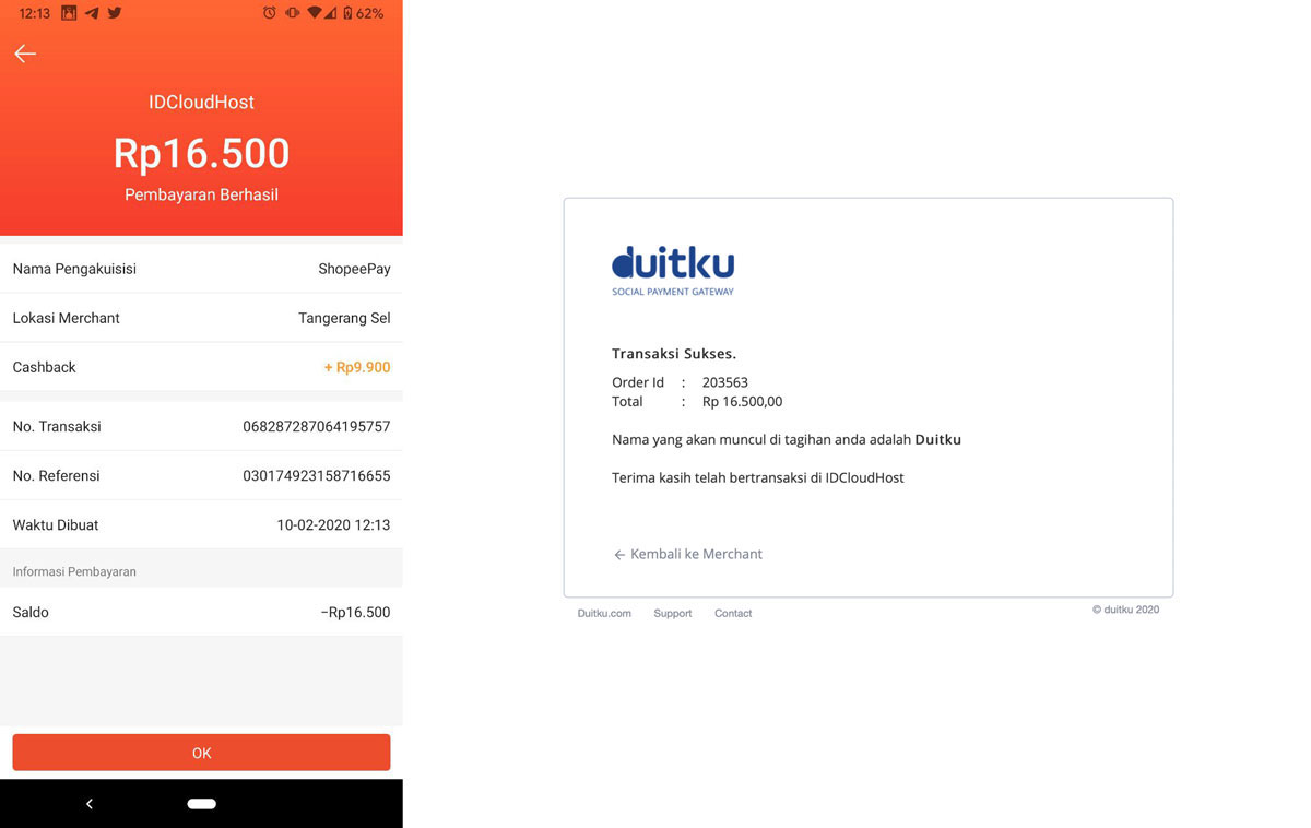 Pembayaran Layanan IDCloudHost via ShopeePay - Shopee