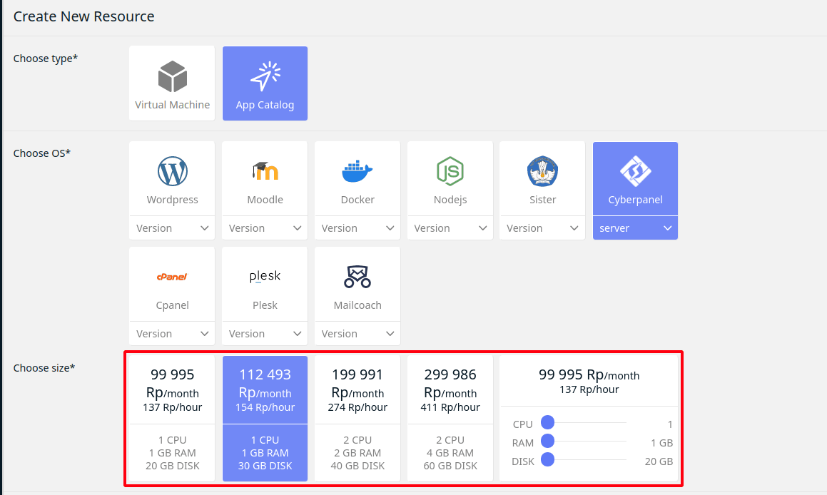 Cara Install CyberPanel di Private Cloud Server IDCloudHost Fitur One Click App Catalog IDCloudhost - Choose Size