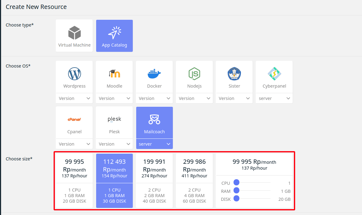 Install MailCoach di Private Cloud Server IDCloudHost Fitur One Click App Catalog IDCloudHost - Choose Size