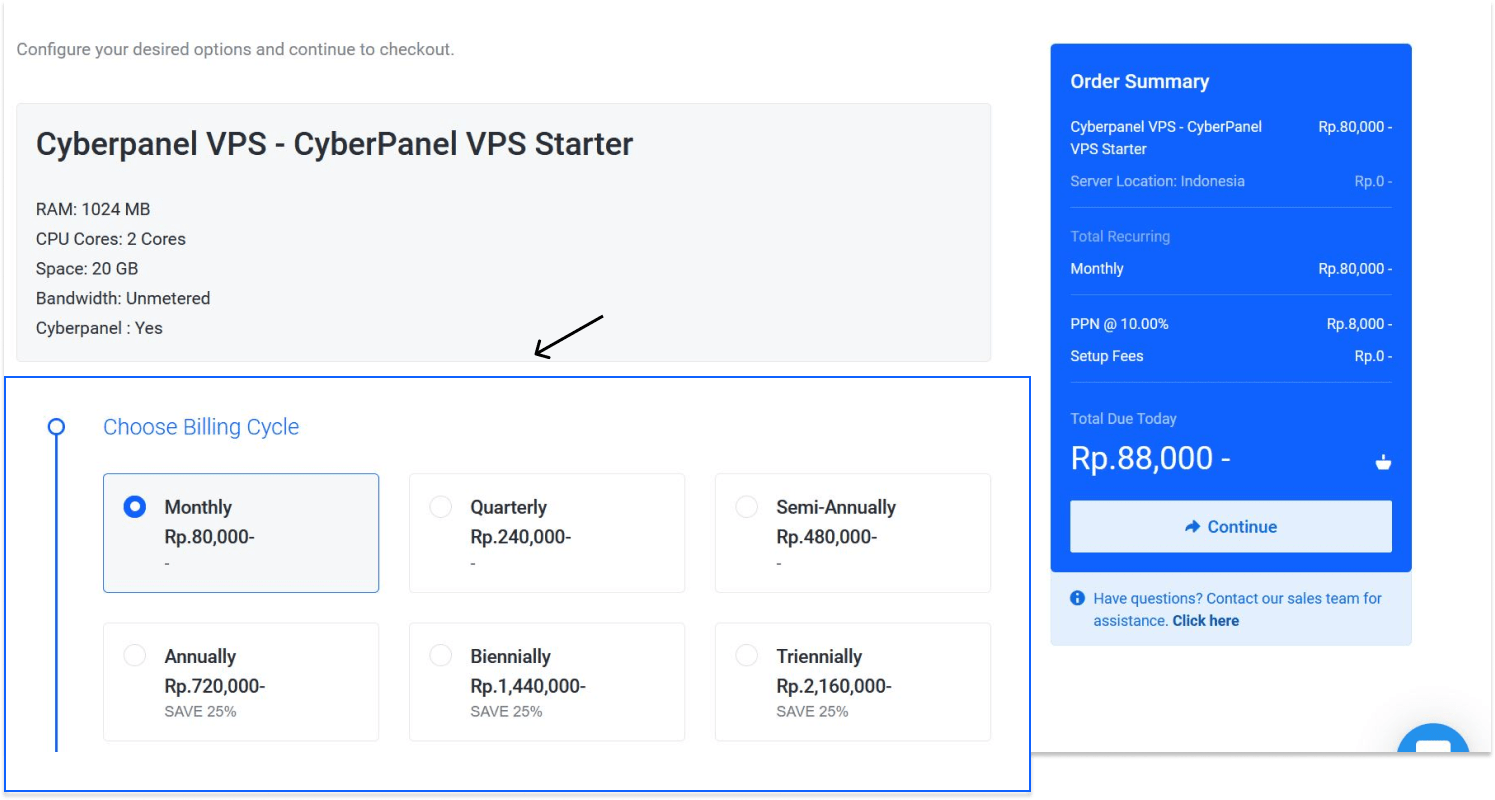 Pilih Periode Layanan Cyberpanel VPS