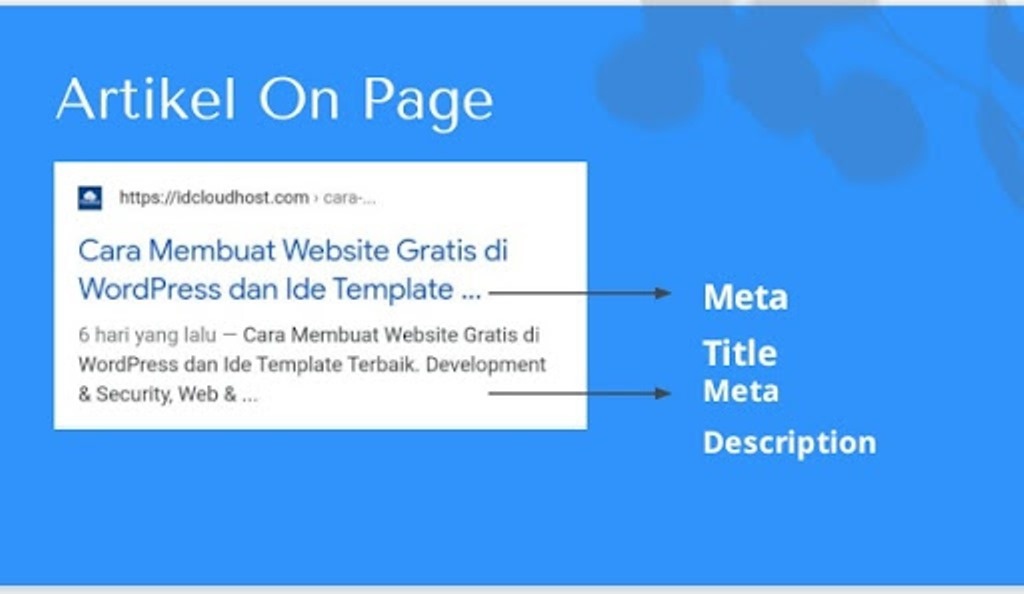 Memahami Apa Itu Meta Description Meta description adalah sebuah Tag HTML yang berisi cuplikan rangkuman dari sebuah isi konten artikel yang berisi 120 - 156 karakter. Sebuah meta description adalah tag HTML yang muncul dalam struktur web dengan contoh sebagai berikut. Dalam mesin pencari Google akan tampak seperti ini :