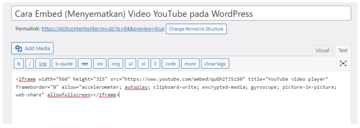 cara embed video youtube di wordpress